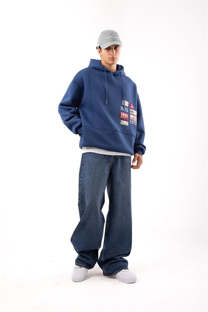 Relax Fit 90's Etiketli Mavi Hoodie