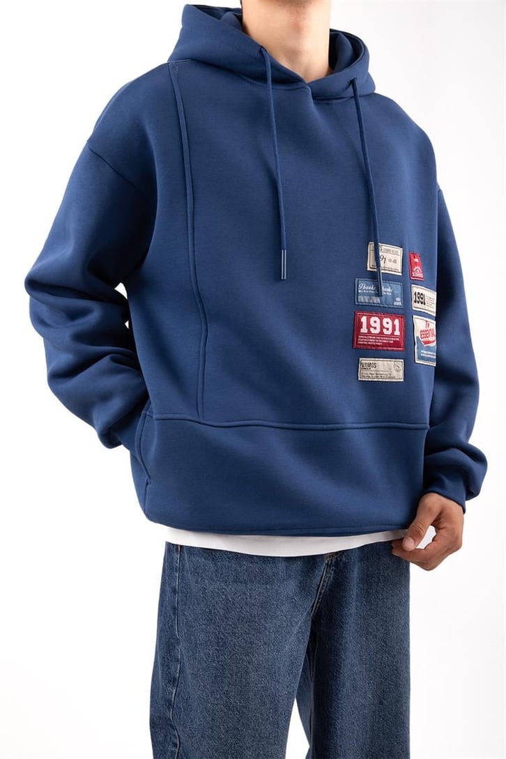 Relax Fit 90's Etiketli Mavi Hoodie