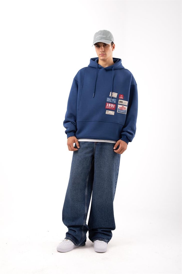 Relax Fit 90's Etiketli Mavi Hoodie