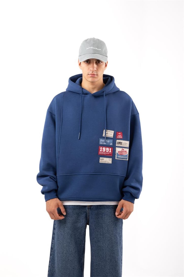 Relax Fit 90's Etiketli Mavi Hoodie