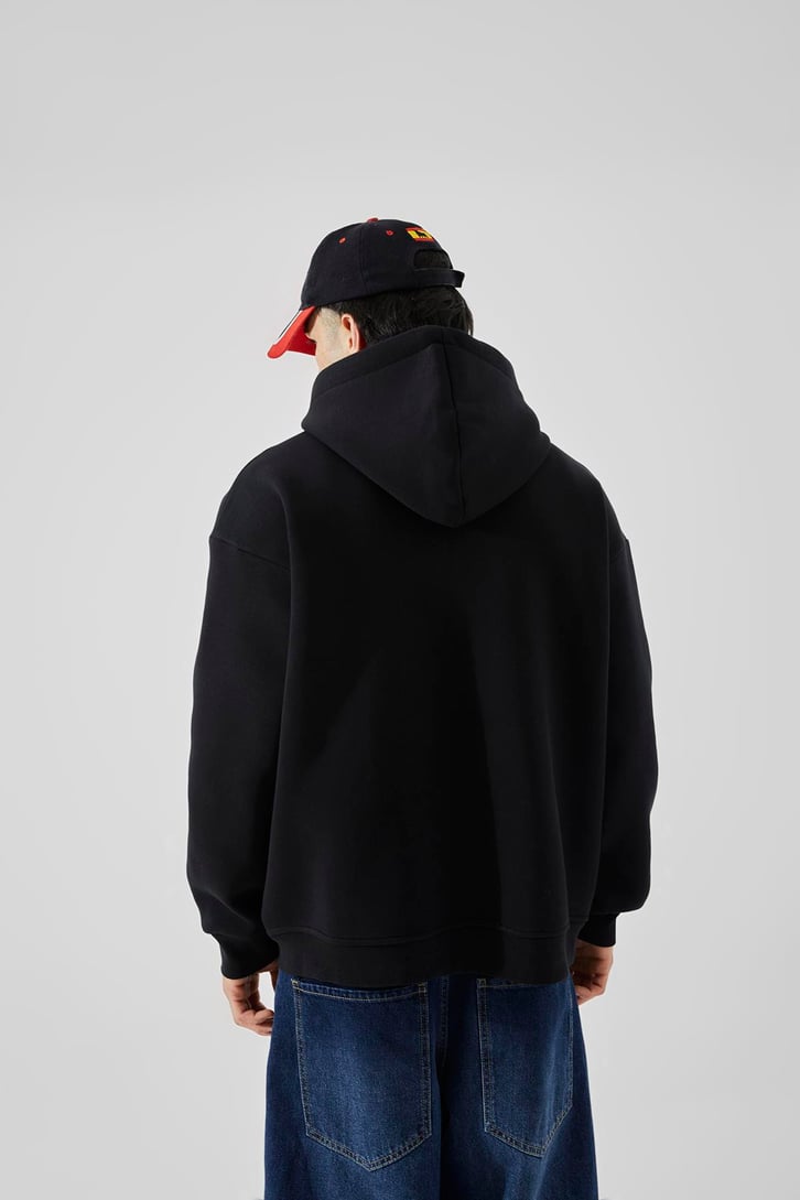 Relax Fit 90's Etiketli Siyah Hoodie