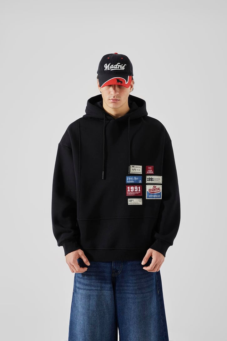 Relax Fit 90's Etiketli Siyah Hoodie