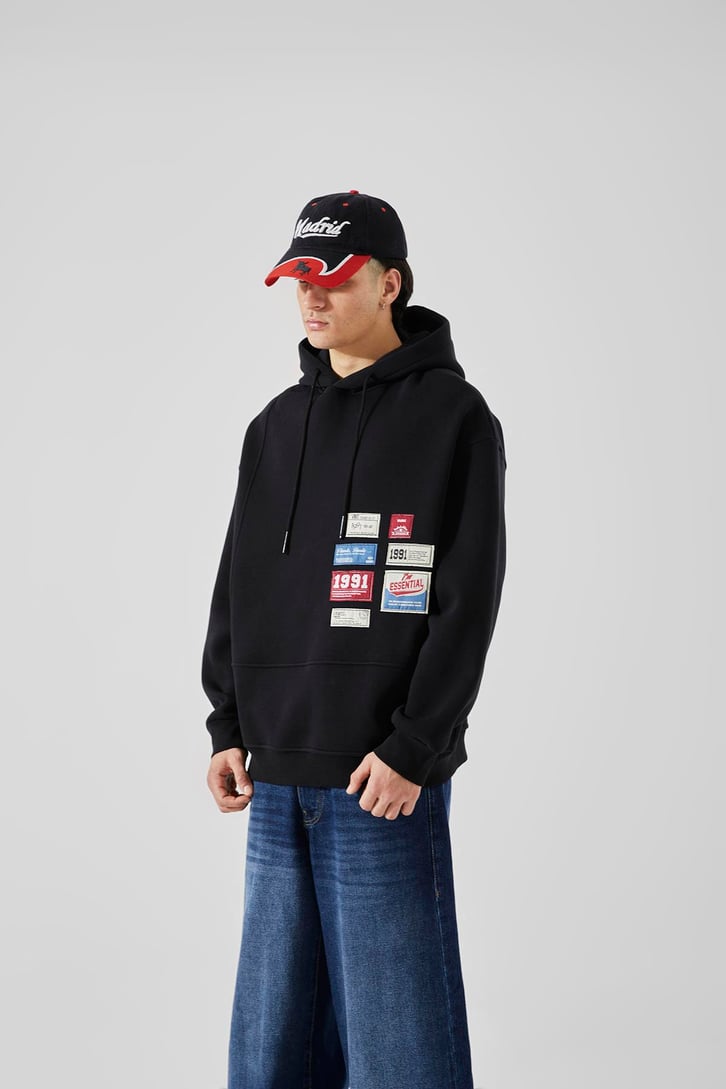 Relax Fit 90's Etiketli Siyah Hoodie