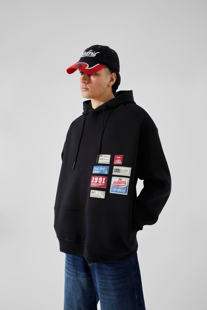 Relax Fit 90's Etiketli Siyah Hoodie