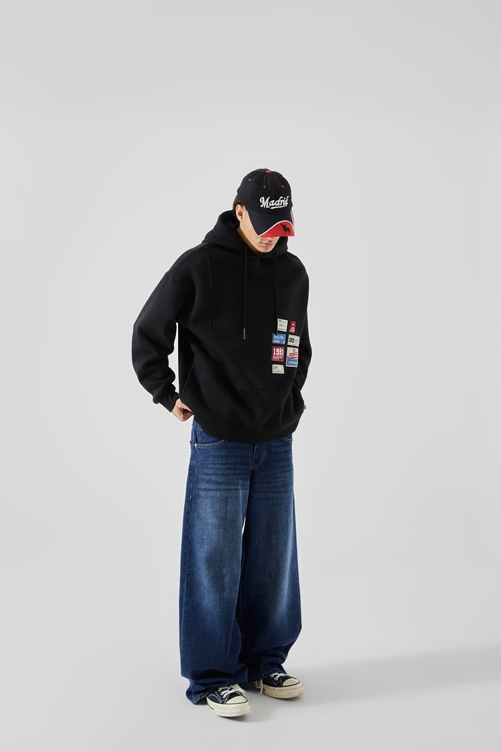 Relax Fit 90's Etiketli Siyah Hoodie