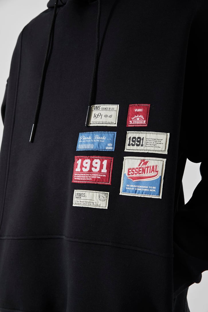 Relax Fit 90's Etiketli Siyah Hoodie