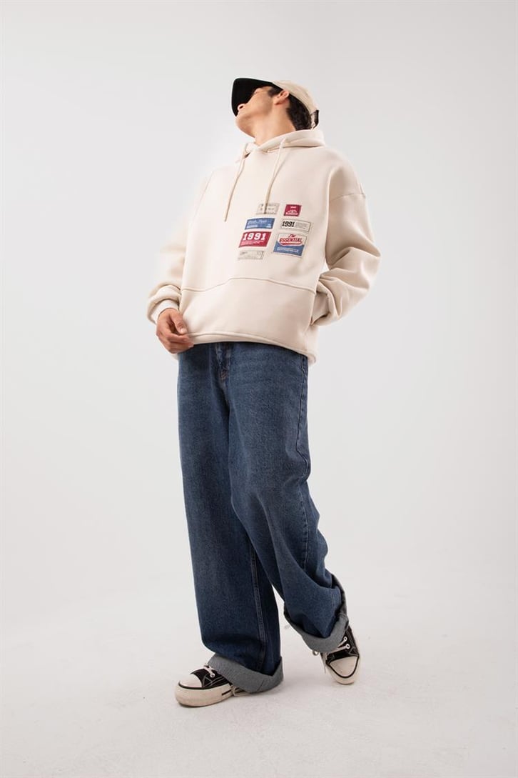 Relax Fit 90's Etiketli Taş Rengi Hoodie