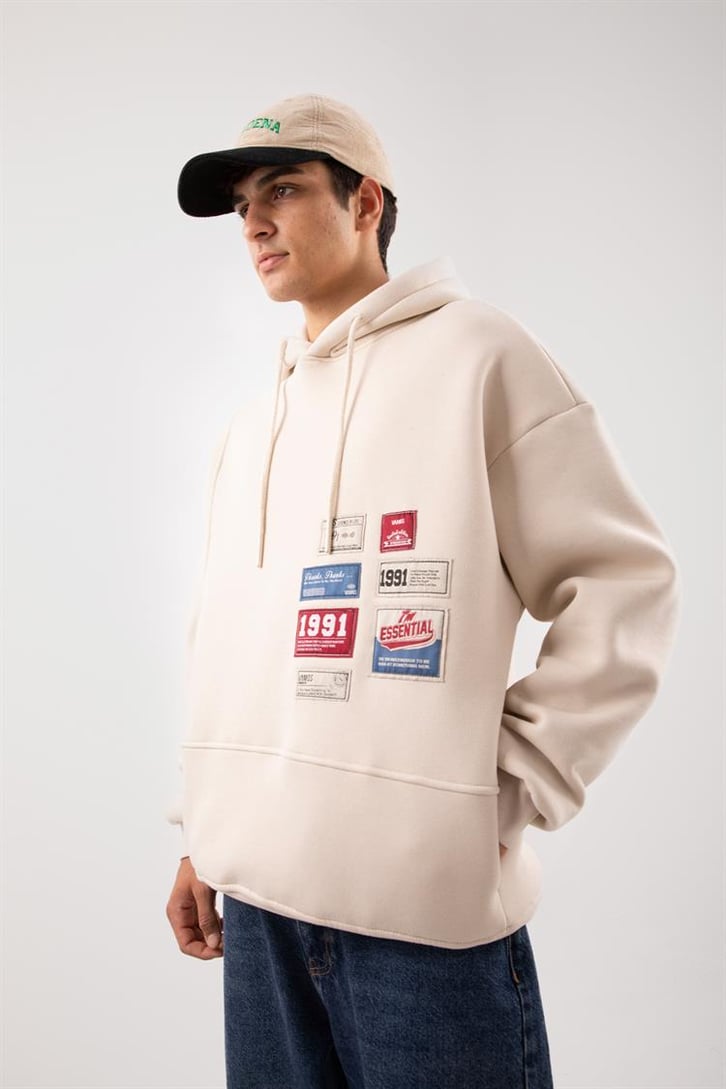 Relax Fit 90's Etiketli Taş Rengi Hoodie