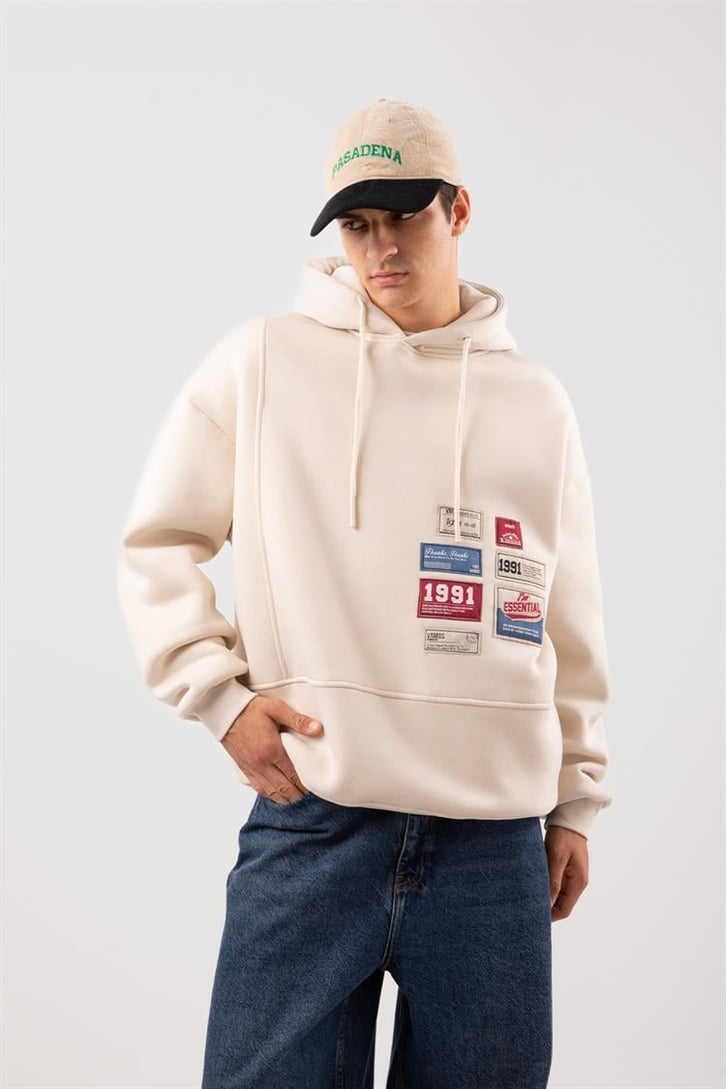 Relax Fit 90's Etiketli Taş Rengi Hoodie