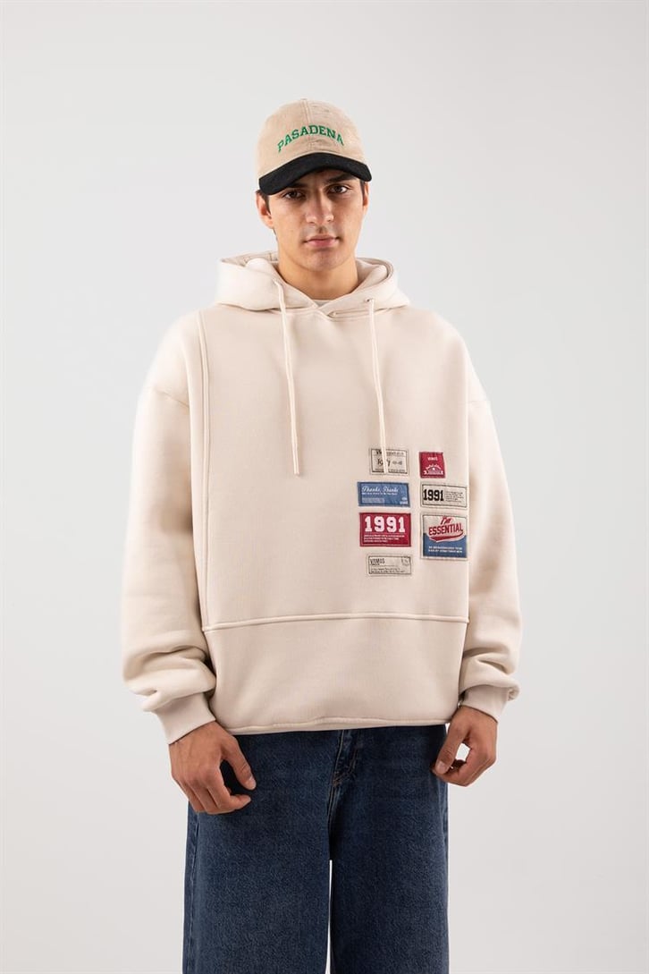 Relax Fit 90's Etiketli Taş Rengi Hoodie