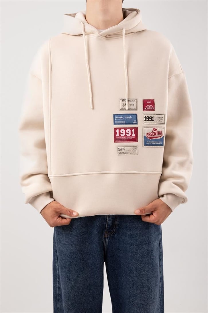 Relax Fit 90's Etiketli Taş Rengi Hoodie