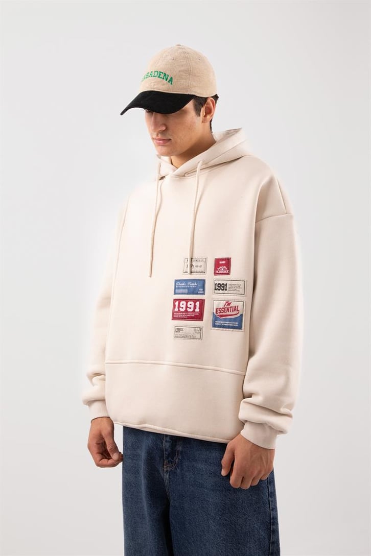 Relax Fit 90's Etiketli Taş Rengi Hoodie
