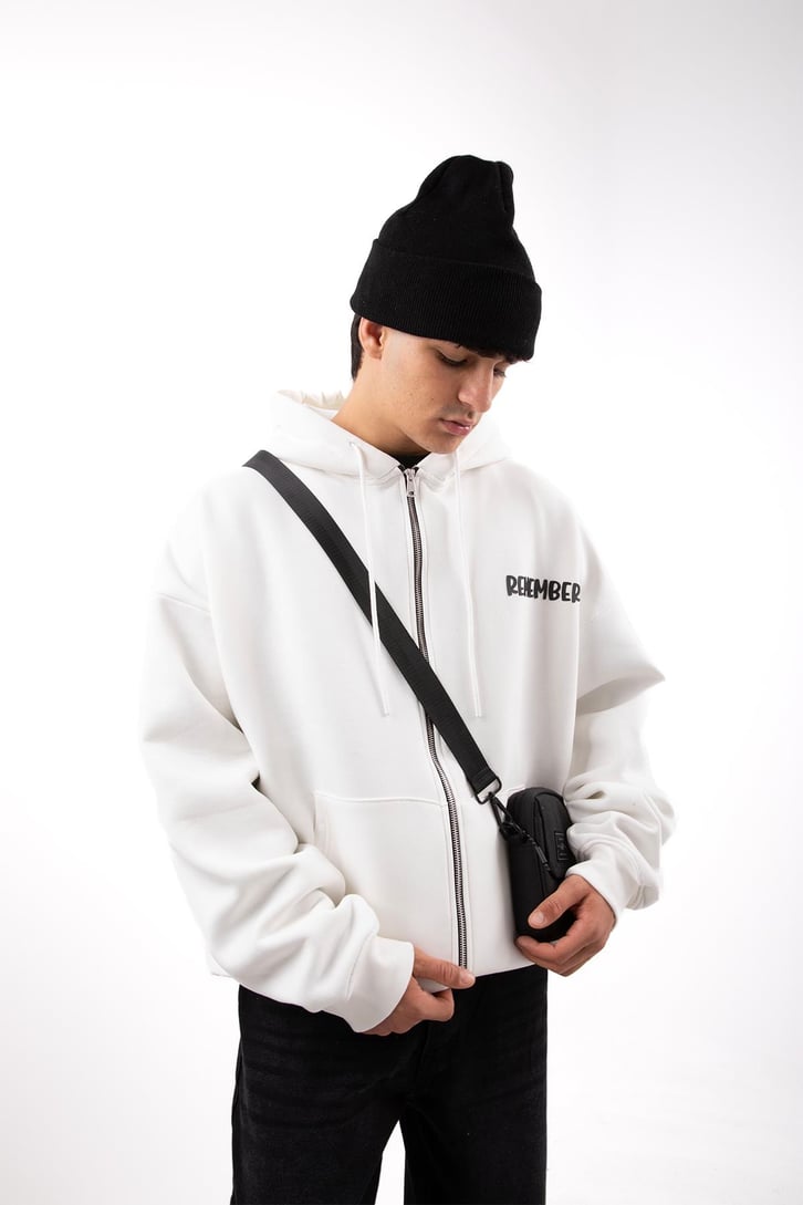 Remember Baskılı Beyaz Oversize Zip Hoodie