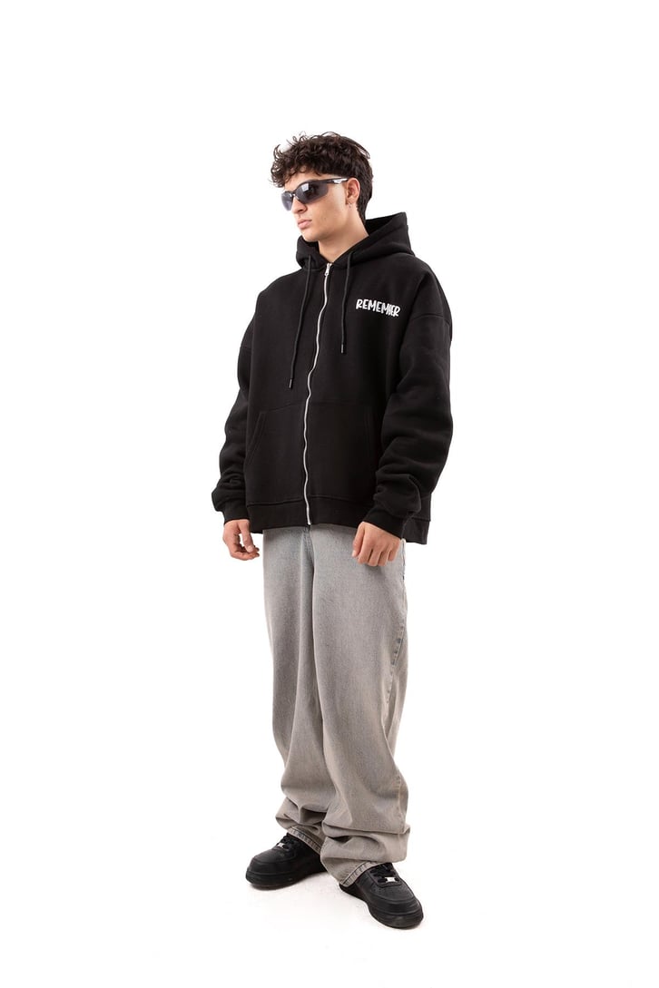 Remember Baskılı Beyaz Oversize Zip Hoodie