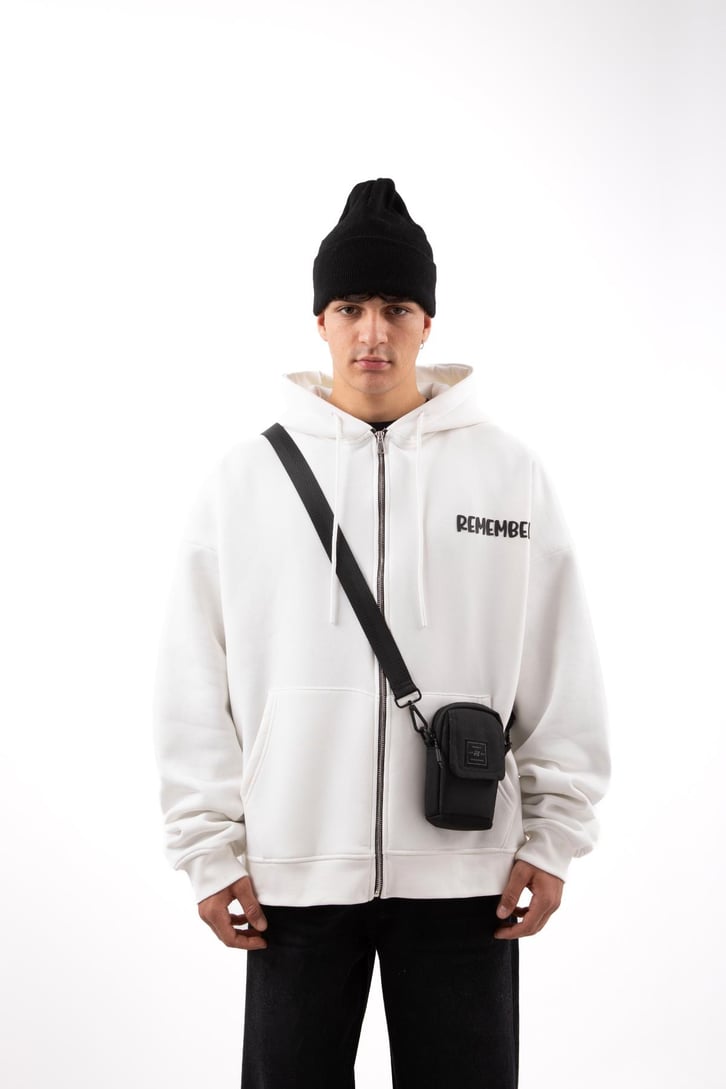 Remember Baskılı Beyaz Oversize Zip Hoodie