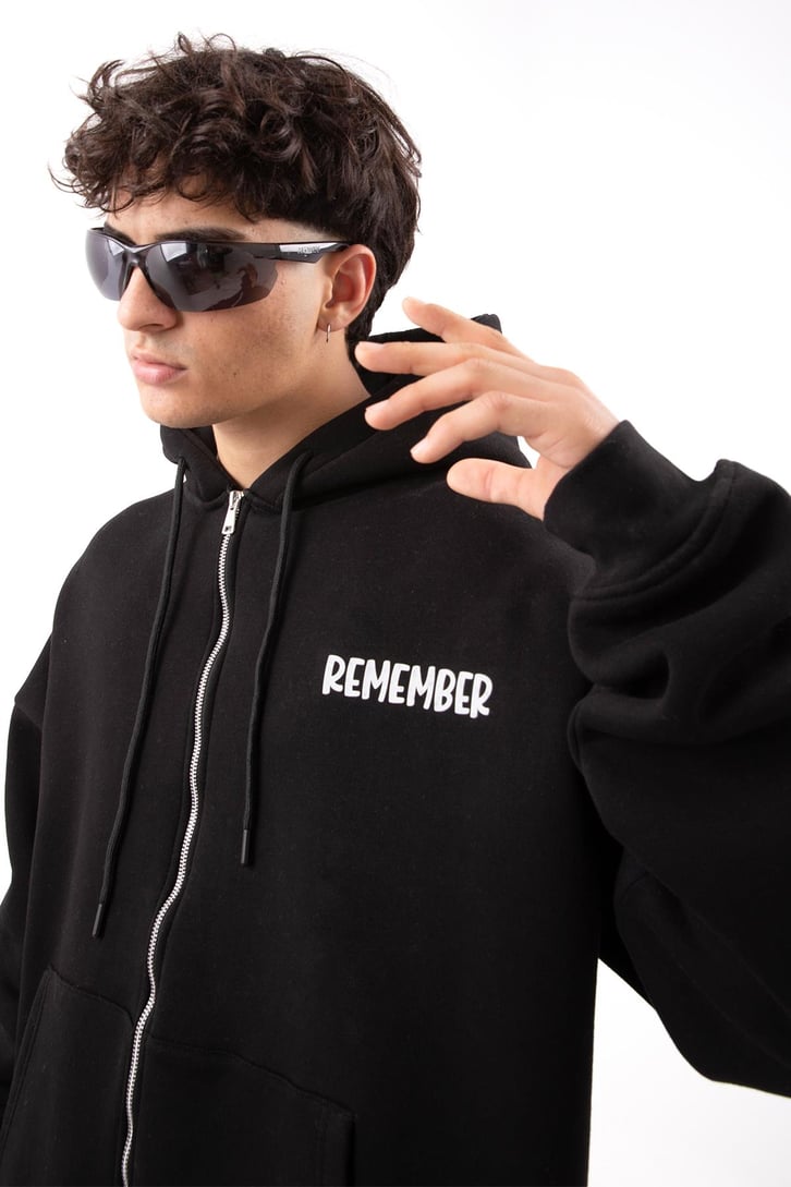Remember Baskılı Beyaz Oversize Zip Hoodie