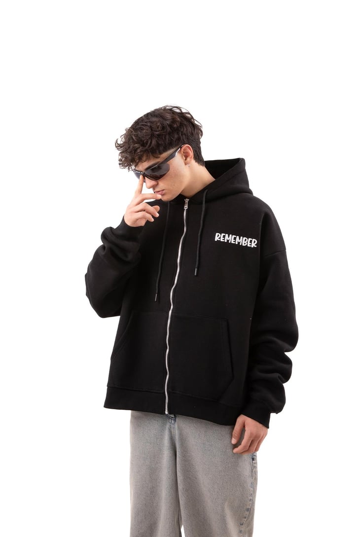 Remember Baskılı Beyaz Oversize Zip Hoodie