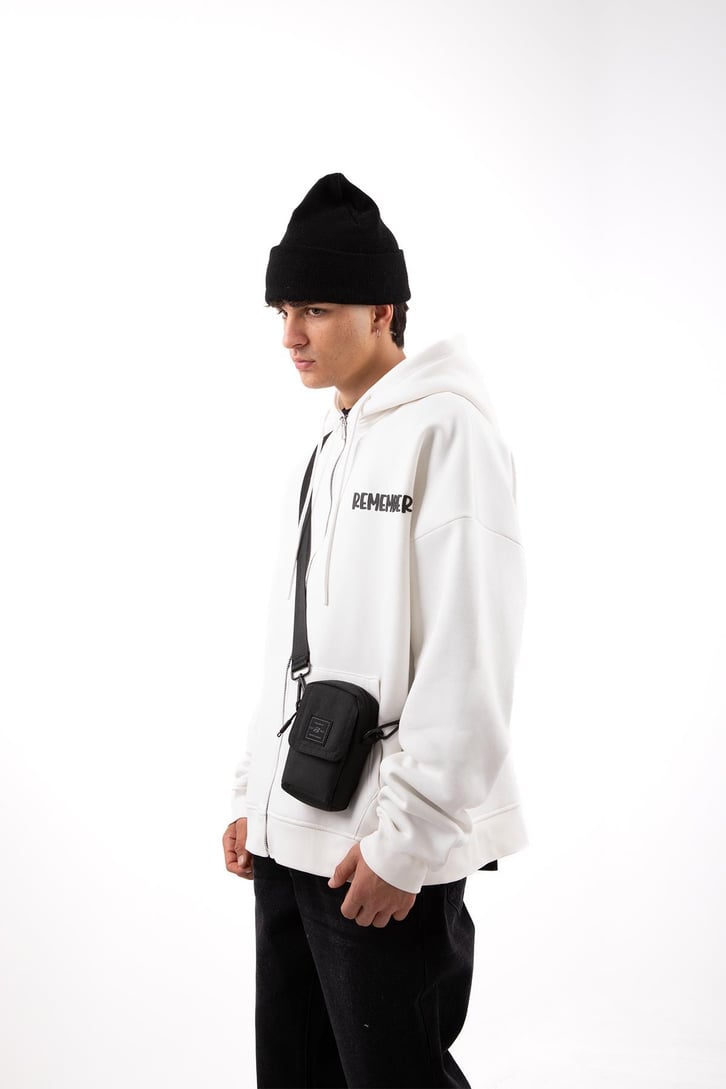 Remember Baskılı Beyaz Oversize Zip Hoodie