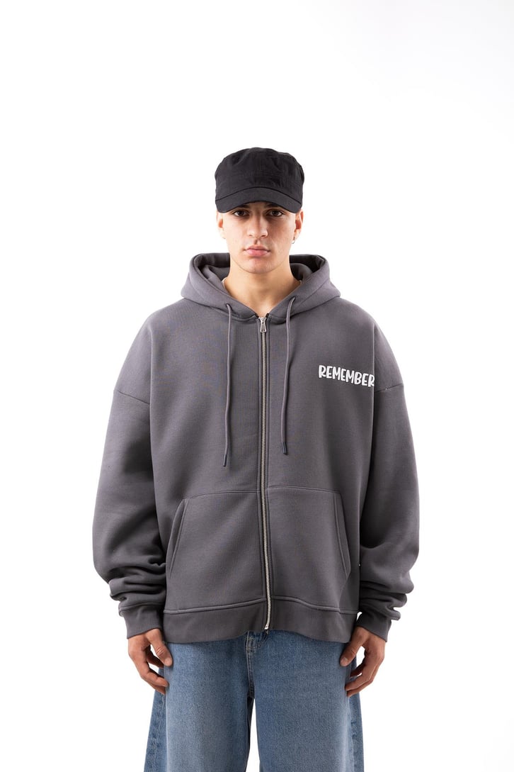 Remember Baskılı Beyaz Oversize Zip Hoodie
