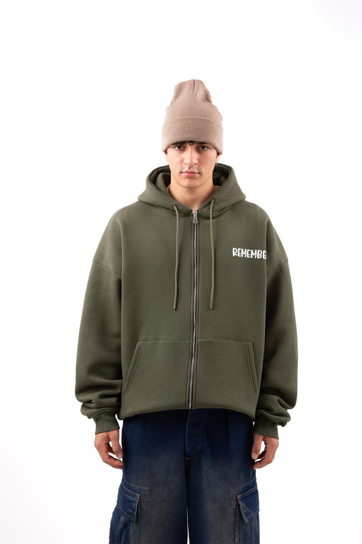 Remember Baskılı Beyaz Oversize Zip Hoodie