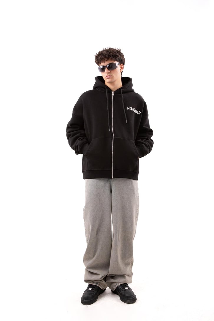 Remember Baskılı Beyaz Oversize Zip Hoodie