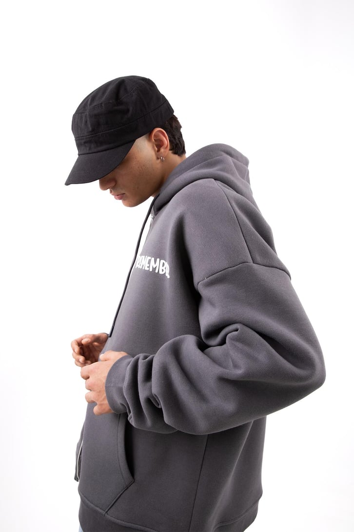 Remember Baskılı Füme Oversize Zip Hoodie