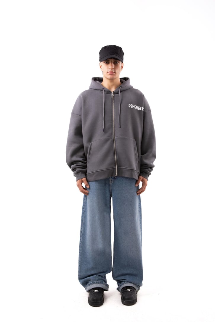 Remember Baskılı Füme Oversize Zip Hoodie