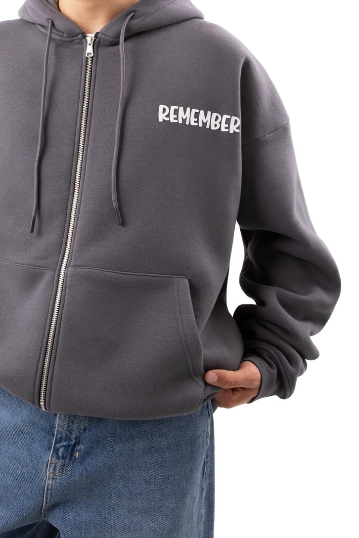 Remember Baskılı Füme Oversize Zip Hoodie