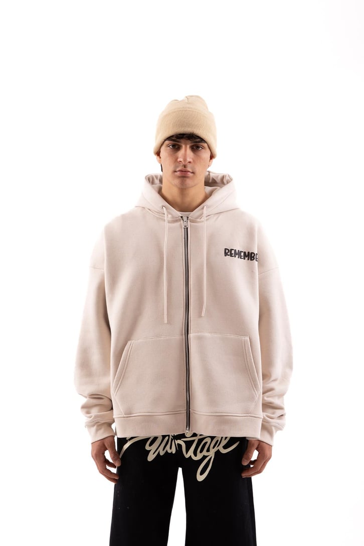 Remember Baskılı Taş Rengi Oversize Zip Hoodie