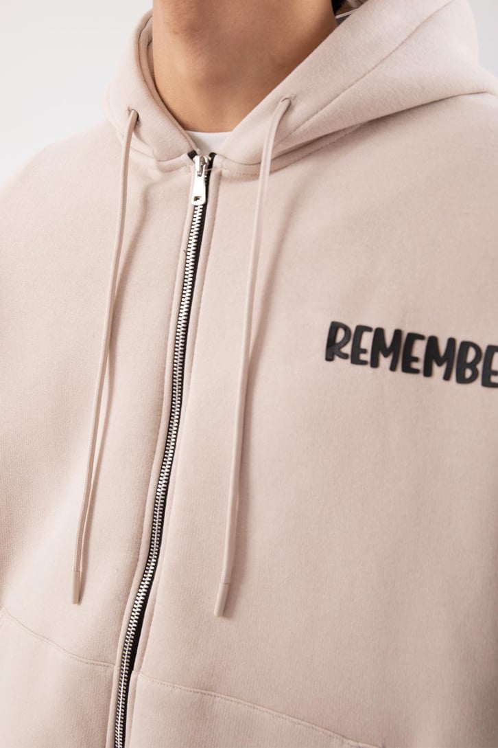 Remember Baskılı Taş Rengi Oversize Zip Hoodie