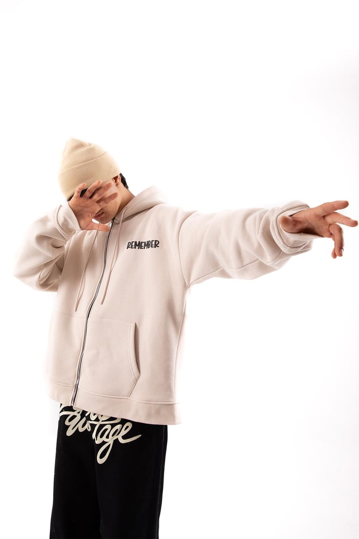 Remember Baskılı Taş Rengi Oversize Zip Hoodie