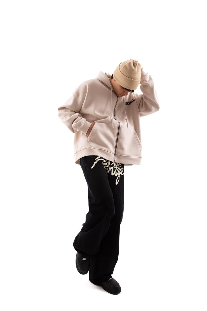 Remember Baskılı Taş Rengi Oversize Zip Hoodie