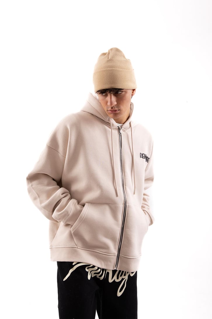 Remember Baskılı Taş Rengi Oversize Zip Hoodie