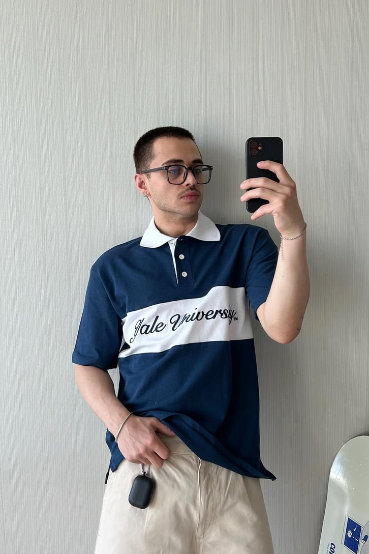 Renk Bloklu Nakışlı Polo Yaka Oversize Tişört