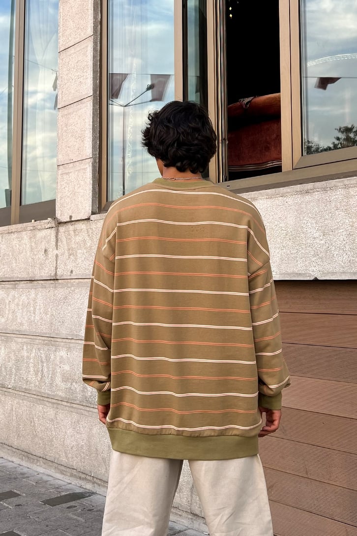 Renkli Çizgili Yeşil Oversize Sweatshirt