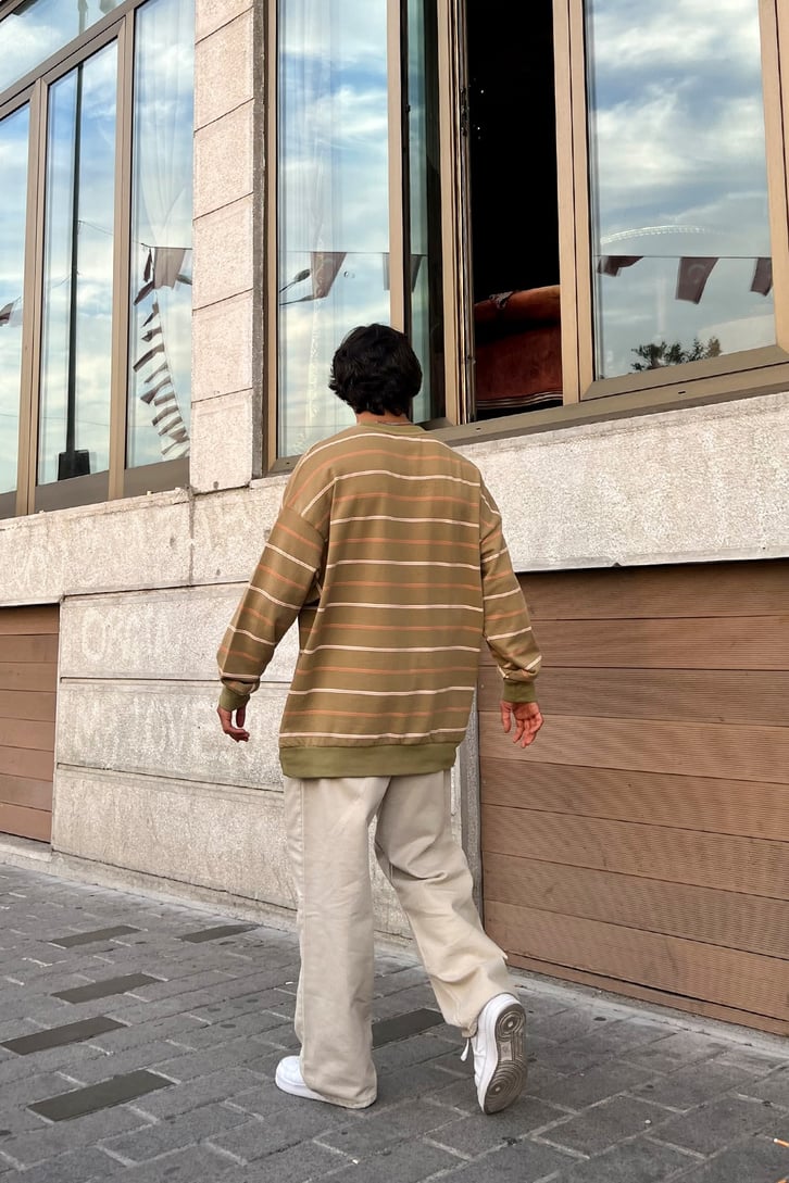 Renkli Çizgili Yeşil Oversize Sweatshirt