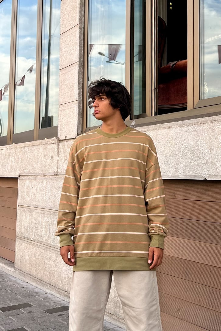 Renkli Çizgili Yeşil Oversize Sweatshirt