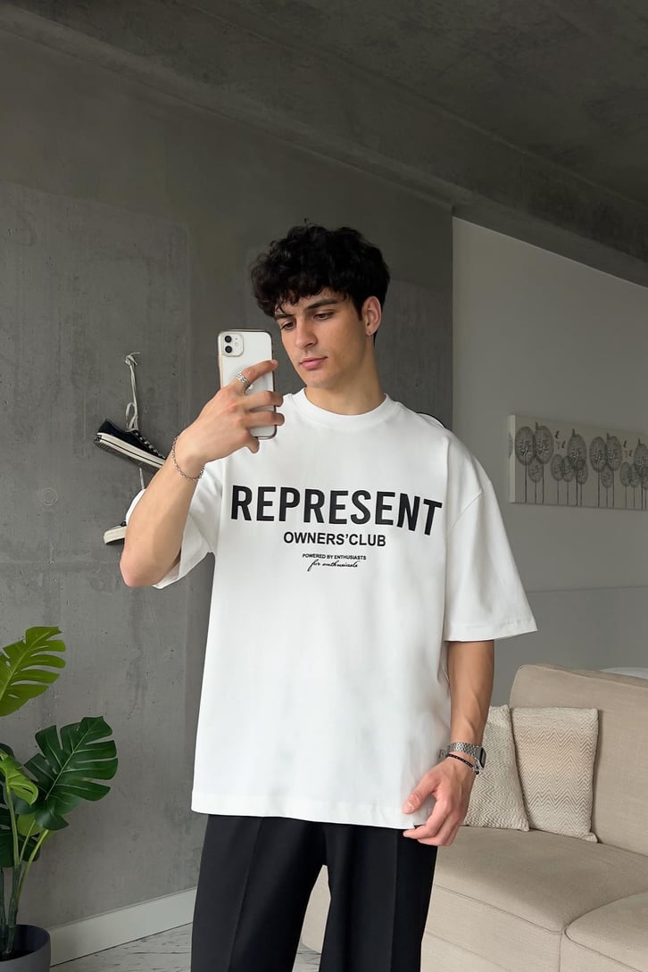 Represent Baskılı Beyaz Oversize Tişört