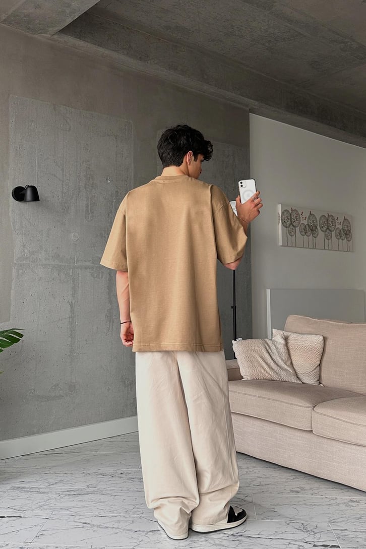 Represent Baskılı Camel Oversize Tişört