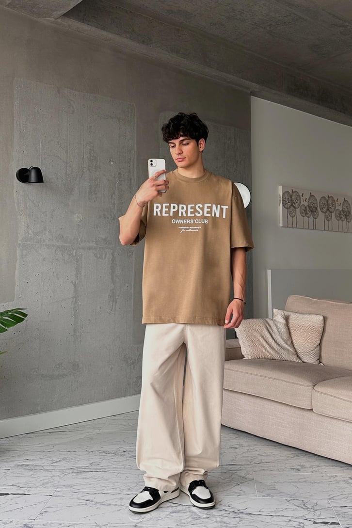Represent Baskılı Camel Oversize Tişört