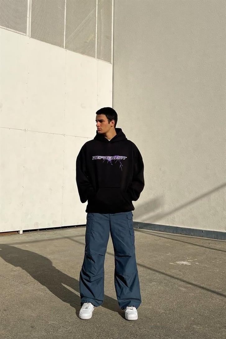 Represent Baskılı Siyah Oversize Hoodie