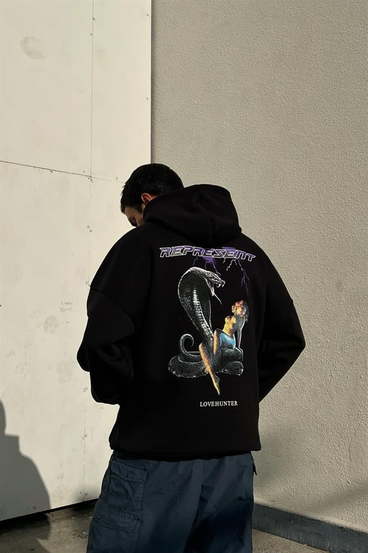 Represent Baskılı Siyah Oversize Hoodie