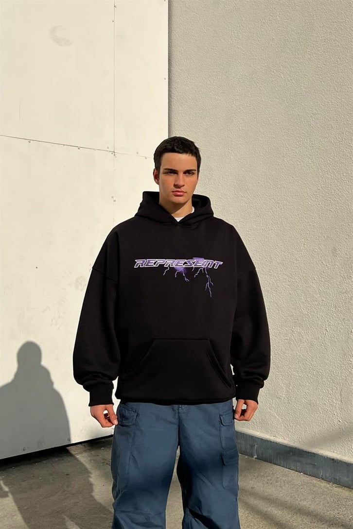 Represent Baskılı Siyah Oversize Hoodie