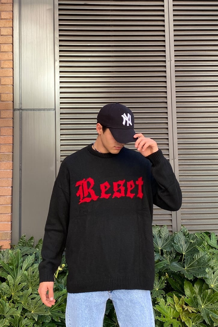 Reset Front Printed Siyah Oversize Sweather