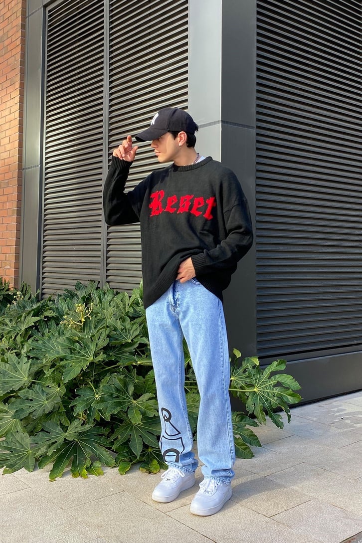 Reset Front Printed Siyah Oversize Sweather