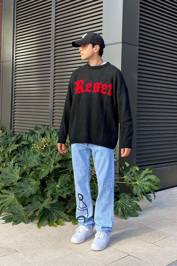 Reset Front Printed Siyah Oversize Sweather