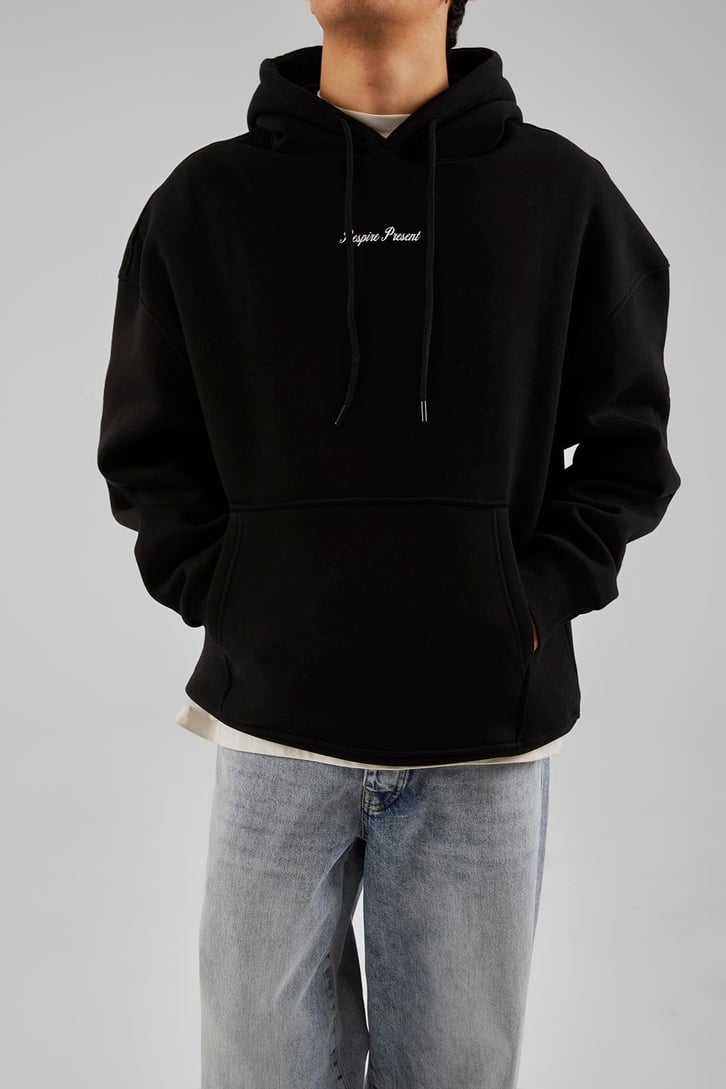 Respire Present Baskılı Siyah Oversize Hoodie