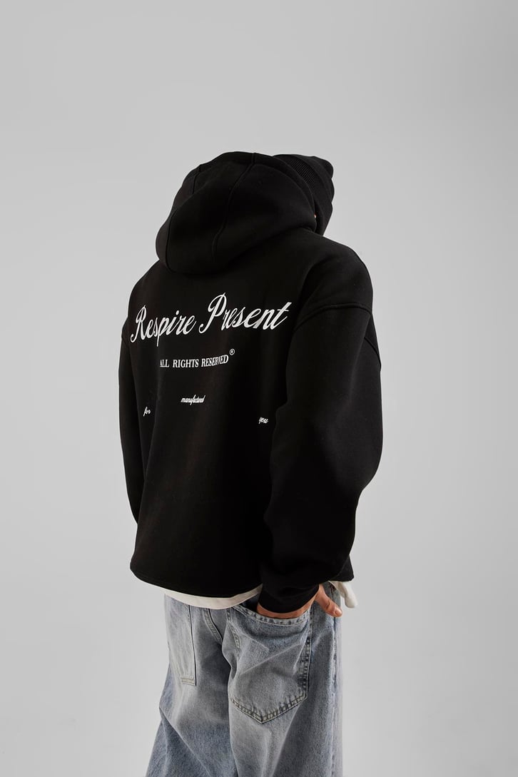 Respire Present Baskılı Siyah Oversize Hoodie