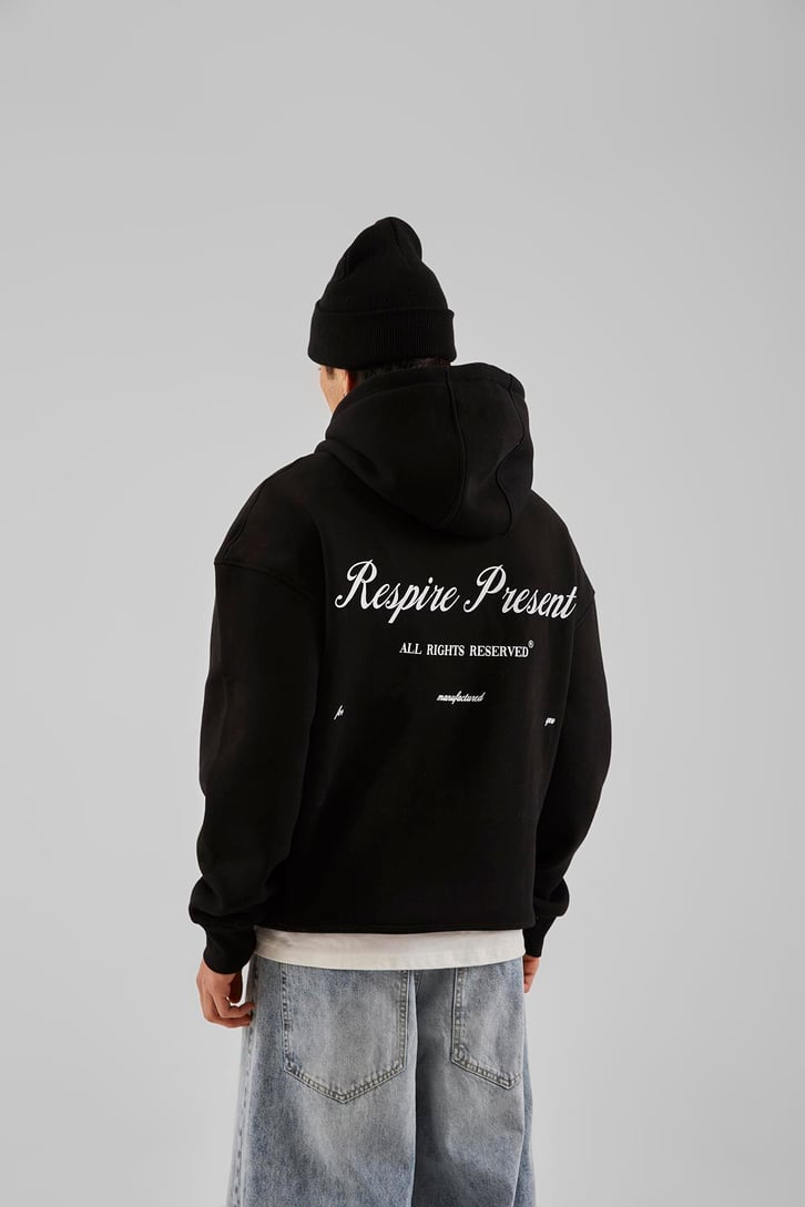 Respire Present Baskılı Siyah Oversize Hoodie
