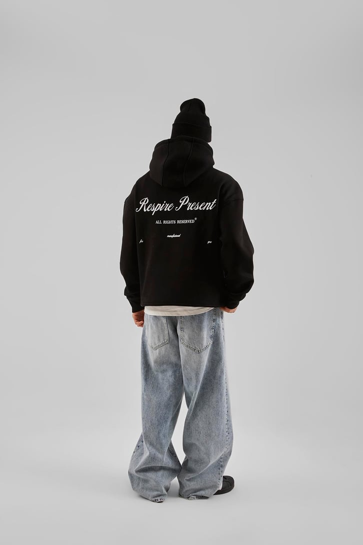 Respire Present Baskılı Siyah Oversize Hoodie